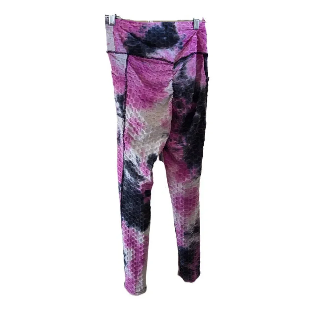 Women's 3 Piece Pink/Gray/Purple Tie Dye Honeycomb Active Wear Set Size S/M - Picture 7 of 8